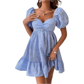 WDIRARA Women's Gingham Mini Summer Dresses Sweetheart Neck Short Puff Sleeve Plaid Ruffle Babydoll Dress