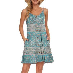 WNEEDU Women's Summer Spaghetti Strap Button Down V Neck Casual Beach Cover Up Dress with Pockets