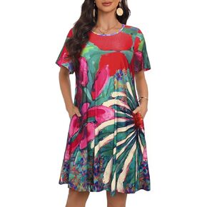 My Sky Women Summer Dresses Casual Short Sleeves Tshirt Cute Flowy Beach Plus Size Sundress with Pockets