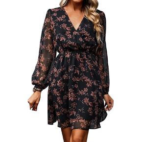 Women's Floral Print Chiffon Dresses V-Neck Tie Long Sleeve A-Line Ruffle Cocktail Party Dresses