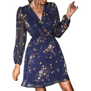 Women's Floral Print Chiffon Dresses V-Neck Tie Long Sleeve A-Line Ruffle Cocktail Party Dresses in Saudi Arabia