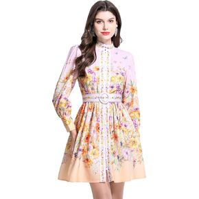 LAI MENG FIVE CATS Women's Floral Print Lantern Sleeve Button Casual A-line Mini Dress with Belt