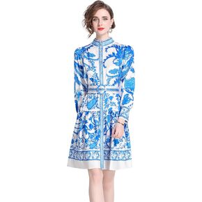 LAI MENG FIVE CATS Women's Floral Print Lantern Sleeve Button Casual A-line Mini Dress with Belt in Saudi Arabia