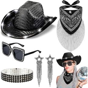 Set of 5 LED Cowboy Hat Set with Bandana, Sunglasses, Bracelets and Earrings Cowgirl Hat for Disco Cosplay Party