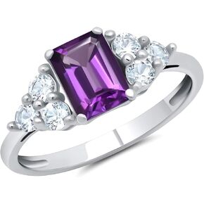 MAX + STONE 10k Yellow or White Gold Ring for Women with Emerald Cut Gemstone and Created White Sapphire Accents Birthstone Anniversary Ring Size 5 to 9