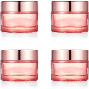 Pink Glass Cream Jar,4 Pack 1.7 oz/50g Face Lotion Jar Pot,Empty Refillable Glass Cosmetic Cream Bottle Container With Rose-Golden Cover,Inner Liners for Moisturizer,Eyeshadow,Makeup Emulsion