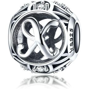 MiniJewelry Initial Letter Hollow Beads Compatible with Pandora Charms Moments Bracelets Name Alphabet Sterling Silver S925