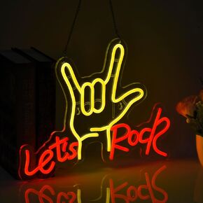 Let's Rock Hand Neon Signs for Wall Decor, LED Neon light, Dimmable USB Powered, for Home Bar Shop Classroom Man Cave Pub Recreation Room Garage Bedroom,Red and Yellow,17x12 Inch,