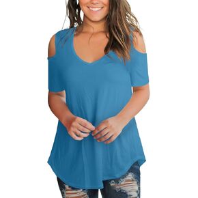 SLIMMING GRIL Women's Casual T Shirts V Neck Cold Shoulder Tops Summer Short Sleeve Top
