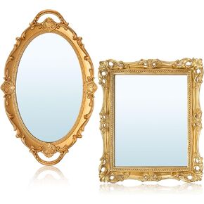2 Pcs Vintage Gold Mirror Set Including 15.4" x 9.5" Oval Antique Decorative Mirror 11.4" x 9.4" Antique Rectangular Gold Mirror Tabletop Makeup Mirror for Bedrooms Dresser Decorations