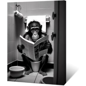 KOEUIRW Funny Gorilla Bathroom Canvas Wall Art Cute Monkey In Toilet Posters Black and White Animal Prints Painting Maximalist Mid Century Modern Aesthetic Wall Decor for 12x16in Unframed