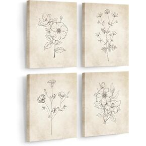 sea breeze home retro simple floral canvas botanical prints Set of 4 wall art decor 11"x 14" for bedroom bathroom kitchen living room dining room