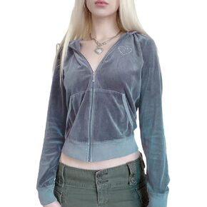 Women's Cropped Zip Up Hoodie Y2K Vintage Velvet Hooded Sweatshirt Cute Hoodies Teen Girl Fall Jacket