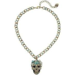 Betsey Johnson Skulls and Roses Skull Head Pendant Necklace Blue Multi One Size