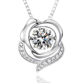 Silver Necklace for Women, Dancing Diamond Cubic Zirconia Rose Flower Pendant with 18"+2" Adjustable Chain, Anniversary, Birthday, Christmas Gift for Wife, Mom, Girlfriend