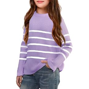 OEBLD Girl's Striped Knit Oversized Fall Sweaters Fashion Long Sleeve Crewneck Pullover Sweater Trendy Outfits in Kuwait