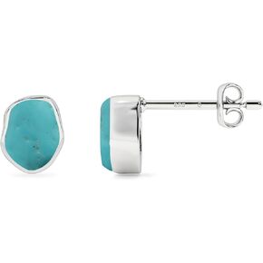 Natural Rough Turquoise Stud Earrings for Women in Sterling Silver, December Birthstone Jewelry Gifts for Her Birthday, Anniversary, Graduation (Bezel-Set, 6x4mm)