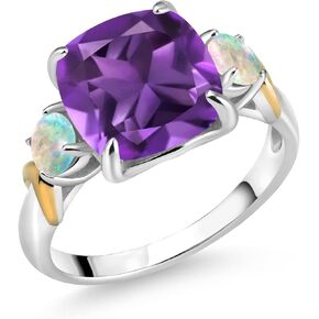 925 Silver and 10K Yellow Gold Purple Amethyst and White Opal 3 Stone Ring For Women (3.50 Cttw, Gemstone February Birthstone, Cushion 10MM, Round Cabochon 4MM, Available In Size 5, 6, 7, 8, 9)