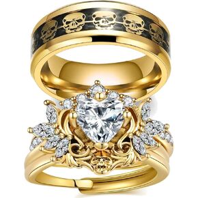 Couple Rings Matching Rings Black Wings Skull Ring 1.5ct Red CZ Womens Wedding Ring Sets Punk Ring