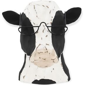 Black & White Sculptureative Cow Head Wearing Glasses – Distressed Faux Taxidermy – Wood & Metal Animal Sculpture – Country Western Themed Party Decorations – Farmhouse Style Decor for Home & Office