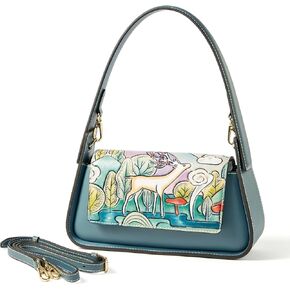 Shoulder Bags for Women, Genuine Leather Shoulder Bag for Women Hand Carved Painted Leather Clutch Saddle Bag with 2 Removable Strap Cute Hobo Tote Handbag Purse (Deer)