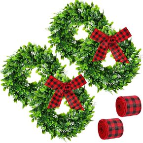Unittype 4 Pcs Christmas Kitchen Cabinet Wreaths Christmas Faux Artificial 2 Roll Red Black Plaid Ribbons for Door Farmhouse Hanging Wall Window Door Hanging Xmas Decoration