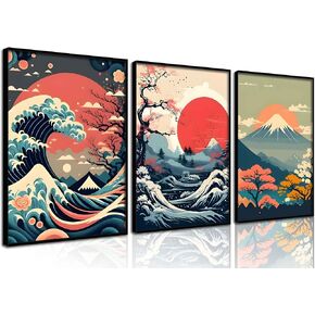 3Pcs Japanese Wall Art Asian Nature Landscape Posters Pictures Kanagawa Giant Wave Canvas Prints Mount Japanese Fuji Art Paintings Cherry Blossom Lake Wall Decor for Living Room Bedroom Office Framed