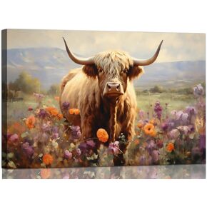 Highland Cow Wall Art Decor for Living Room Cow Pictures Print on Canvas Farmhouse Theme Wall Painting for Bedroom Western Wall Decor for Home Office Decorations,Ready to Hang(24" x 36",Brown Rustic