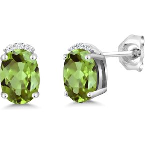 Gem Stone King 925 Sterling Silver Green Peridot and White Lab Grown Diamond Earrings For Women (1.86 Cttw, Gemstone Birthstone, Oval 7X5MM)