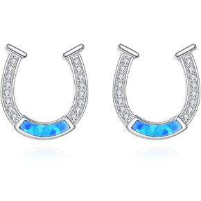 Horseshoe Earrings 925 Sterling Silver Blue Opal Horse Shoe Studs Earrings Hypoallergenic Jewelry Gifts for Women Men