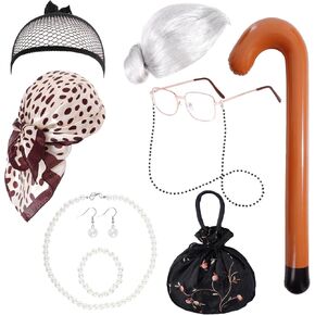 Old Lady Costume Set for Women Cosplay Grandma Granny Costume Wig and Accessories for 100 Days of School Cosplay Party 10 Pieces