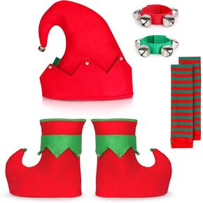 Hooqict 7 Pieces Christmas Elf Costume Accessories Elf Hat Shoes Socks Set with Band Wrist for Adults Women Christmas Elf Costume Set with Jingle Bells Elf Costume Xmas Party Supplies