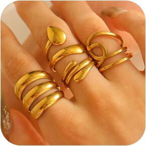 Gold Chunky Rings for Women 14K Gold Plated Adjustable Rings Set Stackable, Non Tarnish Boho Knuckle Rings Statement Jewelry for Women