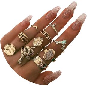 HUASAI Knuckle Rings Set for Women Snake Flower Rings Finger Midi Rings Boho Stacking Rings Pack