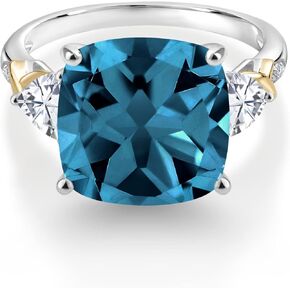 Gem Stone King 925 Silver and 10K Yellow London Blue Topaz White Moissanite and Diamond Ring For Women (9.75 Cttw, 12MM Cushion and 5MM Trillion, Gemstone Birthstone, Available In Size 5, 6, 7, 8, 9)