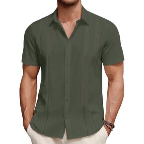 قميص COOFANDY الرجالي الكوبي Guayabera بأكمام قصيرة وأزرار للأسفل قمصان الصيف للشاطئ قميص غير رسمي لقضاء العطلات ملابس المنتجعات in Kuwait