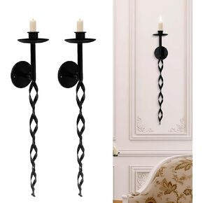 Glamativity Large 2 Pcs Black Metal Wall Long Candle Holders Twisted Sconces Décor, 22.5 x 2.4'' Retro Chic Wall Sconces Candle Holder Decoration, Wall Mount Metal Candlestick Holder for Living Room