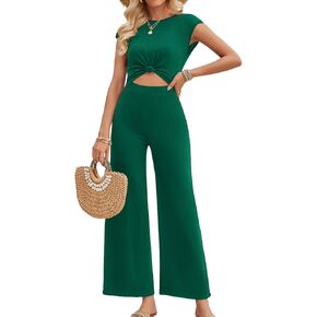 Velius Women Short Sleeves Tee Cutout Backless One Piece Wide Leg Jumpsuit