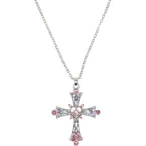 yueton 1 Pack Pink Rhinestone Cross Pendant Necklace Y2K Rhinestone Necklace Cross Long Pendant Necklace Cute Choker for Women