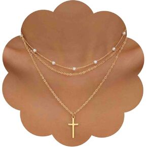 Boho Layered Pearl Cross Necklace Gold Cross Pendant Necklace Tiny Pearl Choker Necklace Religious Cross Chain Necklace Jewelry for Women