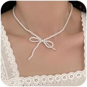 Boho Sexy Bow Shiny Pearl Crystal Choker Necklace Silver Pearl Simple Multilayer Bridal Necklace Jewelry Accessories for Women