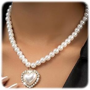 YERTTER Pearl Choker Necklace Heart Pendant Rhinestone Pearl Pendant Chain Collar Choker Necklace for Women (Style 2)