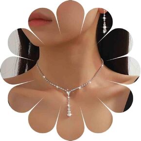 Crystal Bridal Necklace Earrings Set Rhinestone Y Lariat Necklace Crystal Tassel Drop Earrings Gold Tennis Choker Necklace Bridal Jewelry Cubic Zirconia Necklace Wedding Prom Costume Sets