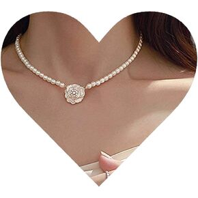 Vintage Pearl Chain Necklace Pearl Camellia Choker Necklace Flower Camellia Pendant Necklace Faux Pearl Choker Necklace Jewelry for Women