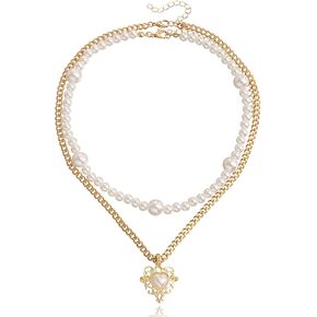 Aonklot Heart Layered Pearl Necklace Double Pearl Heart Pendant Necklace for Women White Pearl Choker Necklaces Jewelry Gifts