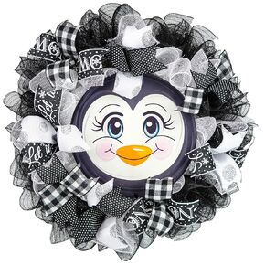 Christmas Penguin Wreath | Winter Buffalo Check Christmas Mesh Front Door Wreath - White Black