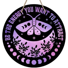 Deroro Purple Halloween Moon Phase Witch Front Door Sign, Solar Eclipse Butterfly Be The Energy Wood Door Hanger Outdoor Outside Porch Decor, Astronomy Wooden Wreath Indoor Wall Hanging Decoration
