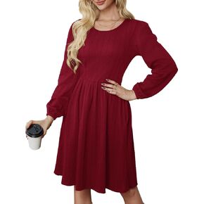 Women's Fall Casual Sweater Dress Ribbed Knit Long Sleeve Crew Neck A-Line Knee Length Midi Dresses with Pockets