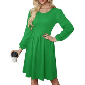 Women's Fall Casual Sweater Dress Ribbed Knit Long Sleeve Crew Neck A-Line Knee Length Midi Dresses with Pockets in Kuwait