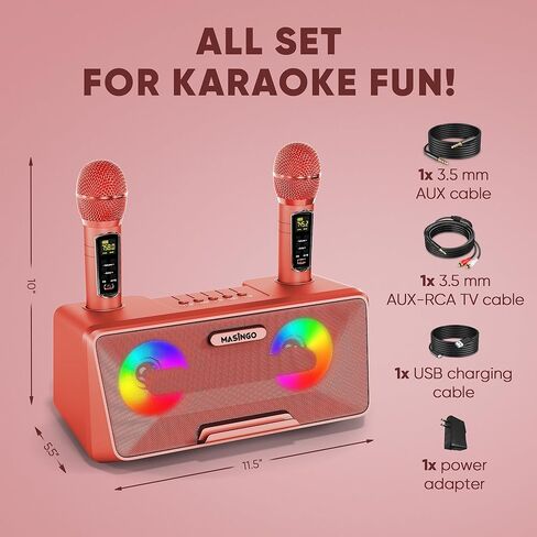 آلة كاريوكي ماسينجو للبالغين والأطفال مع 2 ميكروفونات لاسلكية، ومكبر صوت بلوتوث محمول للغناء، وأضواء LED ملونة، ونظام PA، وحامل هاتف لعرض الكلمات، وكابل تلفزيون. المعزوفة G2 in Kuwait